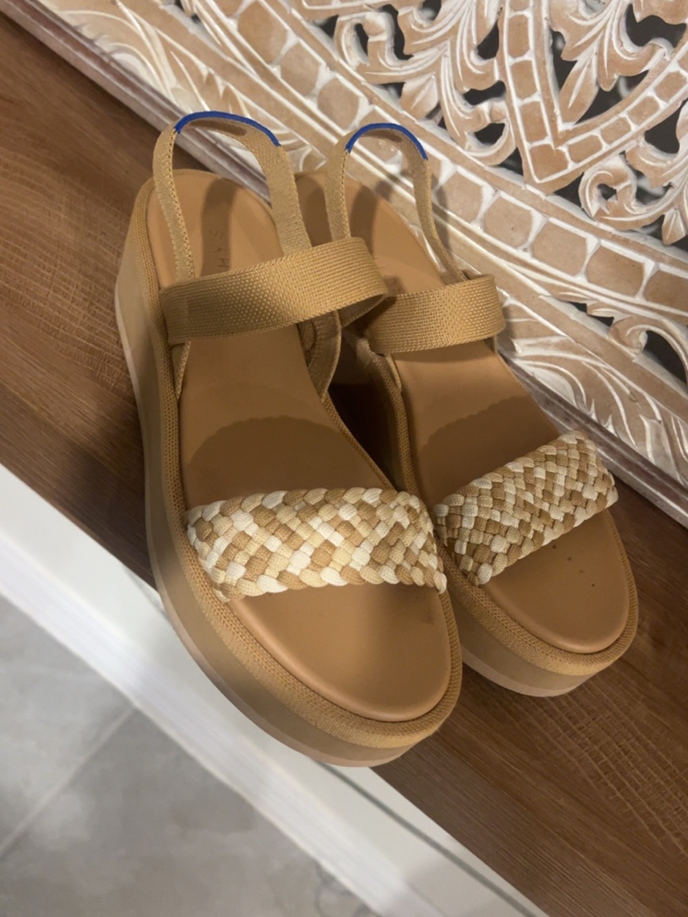 Rothy's Tan and Cream Woven Slingback Sandals with Blue Accent - Picture 3 of 6